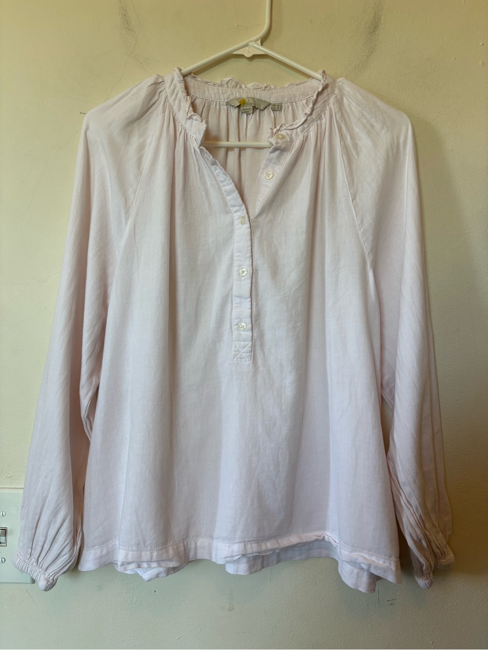 BODEN Ruffle Neck Half-Buttoned Front Popover Blouse Light Pink Sz 12